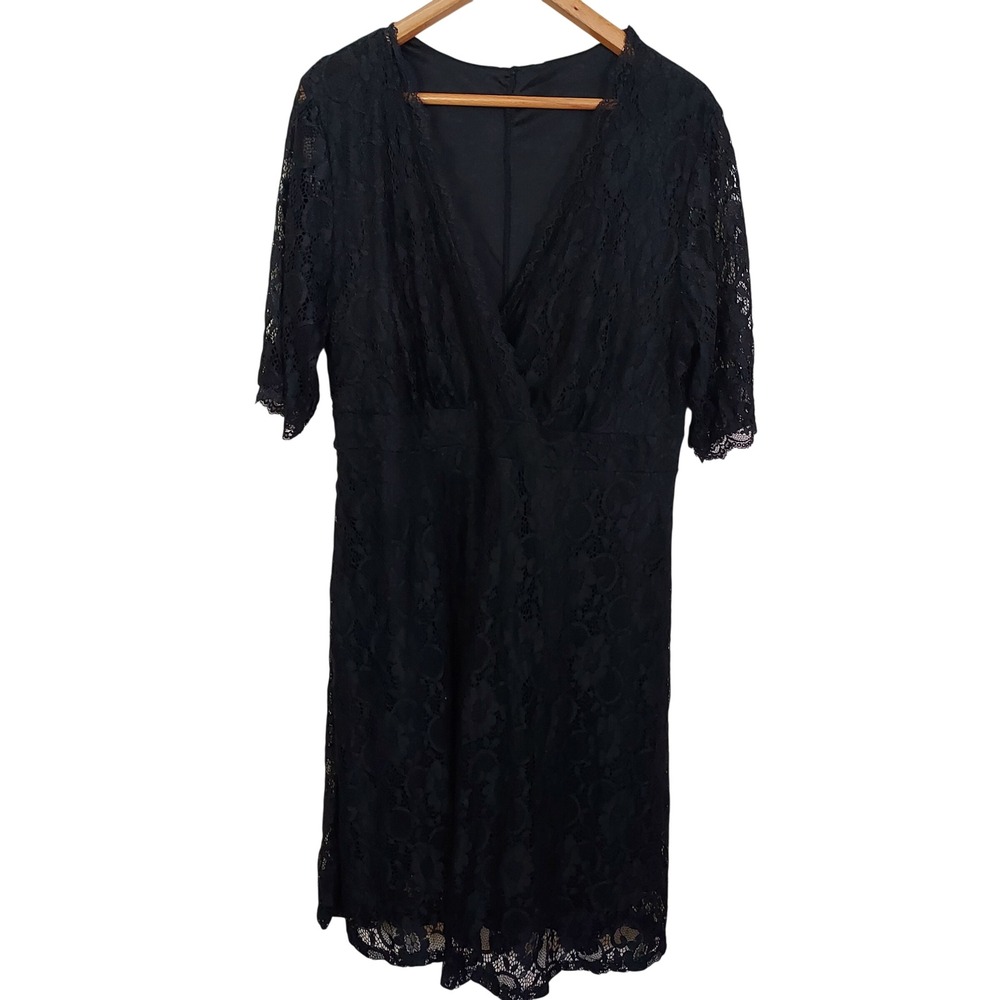 Black Floral Lace V-Neck Midi Dress Plus Size 18W Whimsigoth Romantic Cocktail